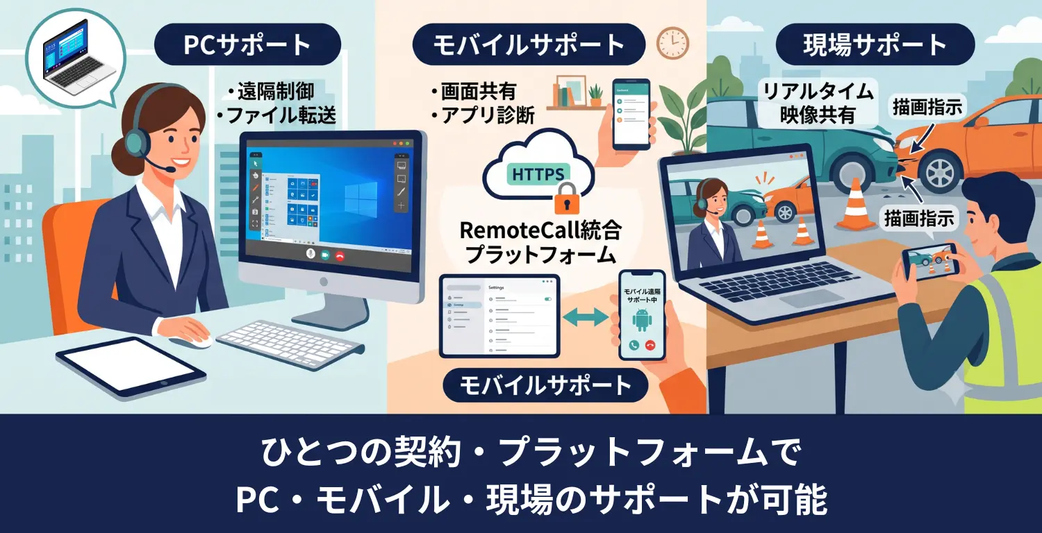 ひとつの契約・プラットフォームでPC・モバイル・現場のサポートが可能なRemoteCallの概要