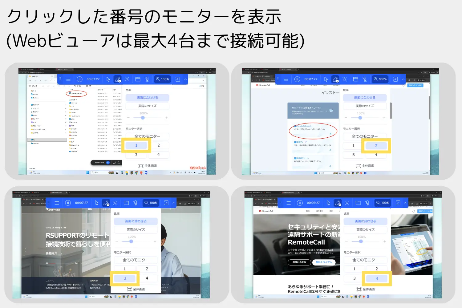 Webビューアで1〜4の番号をクリックして各モニター画面を即座に切り替える例
