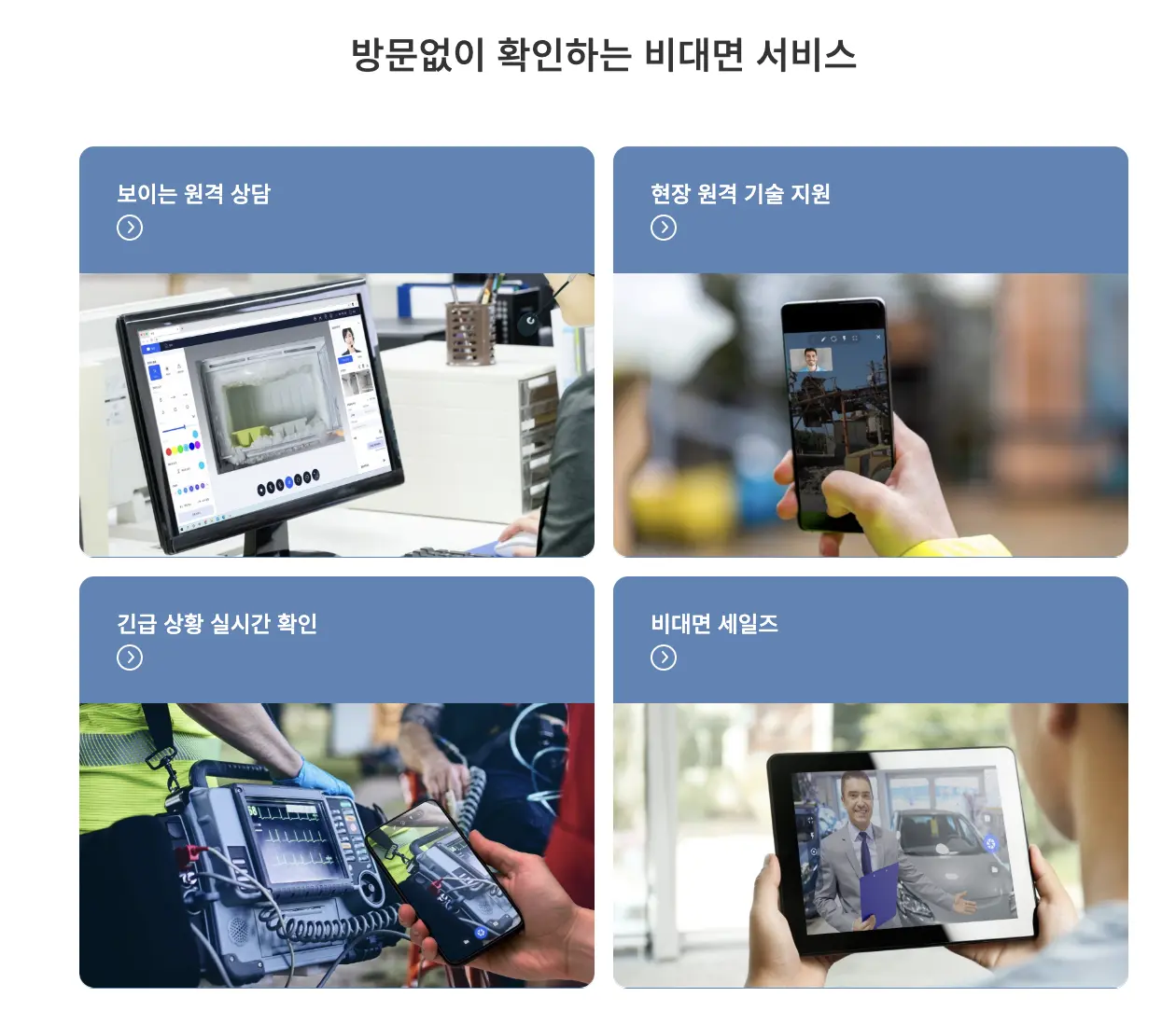 비대면 서비스 활용 사례: 보이는 원격 상담, 현장 원격 기술 지원, 긴급 상황 실시간 확인, 비대면 세일즈