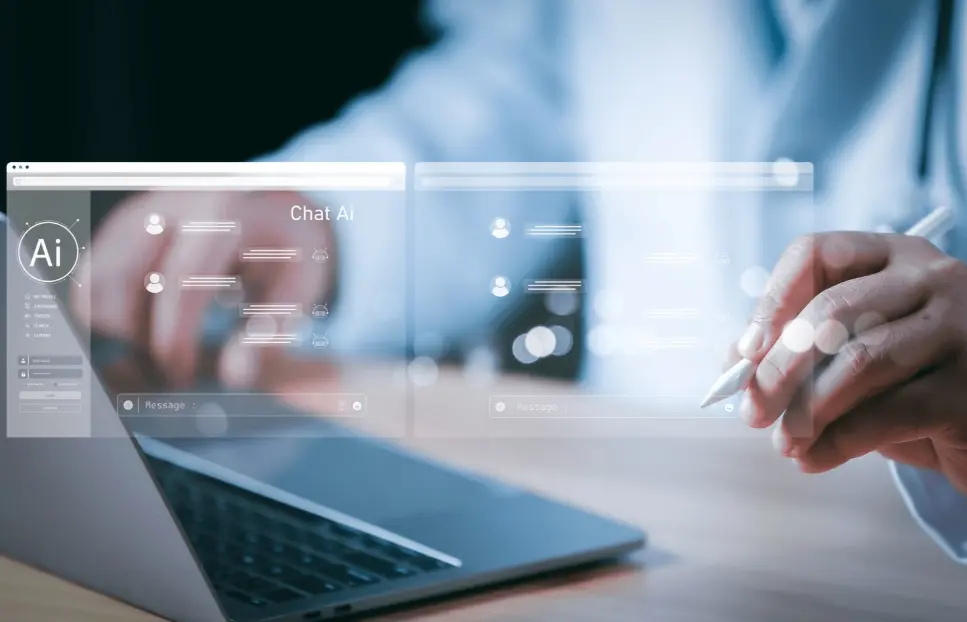 업무 환경에서 AI 채팅 인터페이스가 떠 있는 이미지